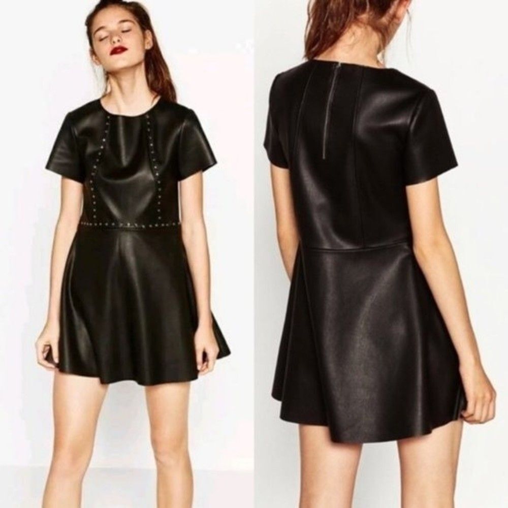 Zara Faux Leather Studded Fit & Flare Dress XS